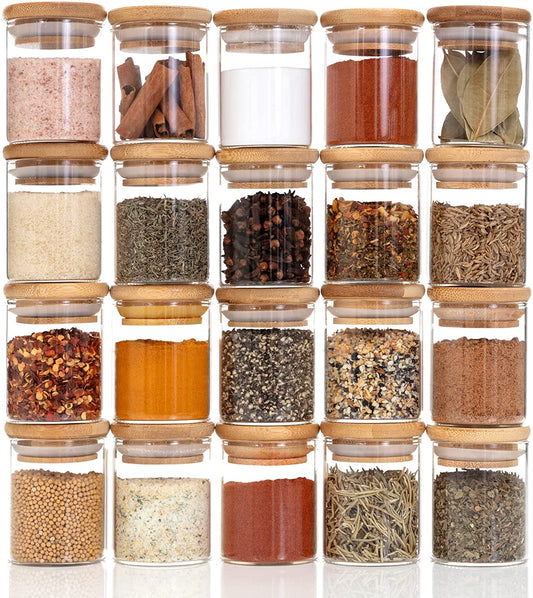 Set of 20 - 74ml (2.5 fl oz) Spice Jars with Bamboo Lids and 160 Labels